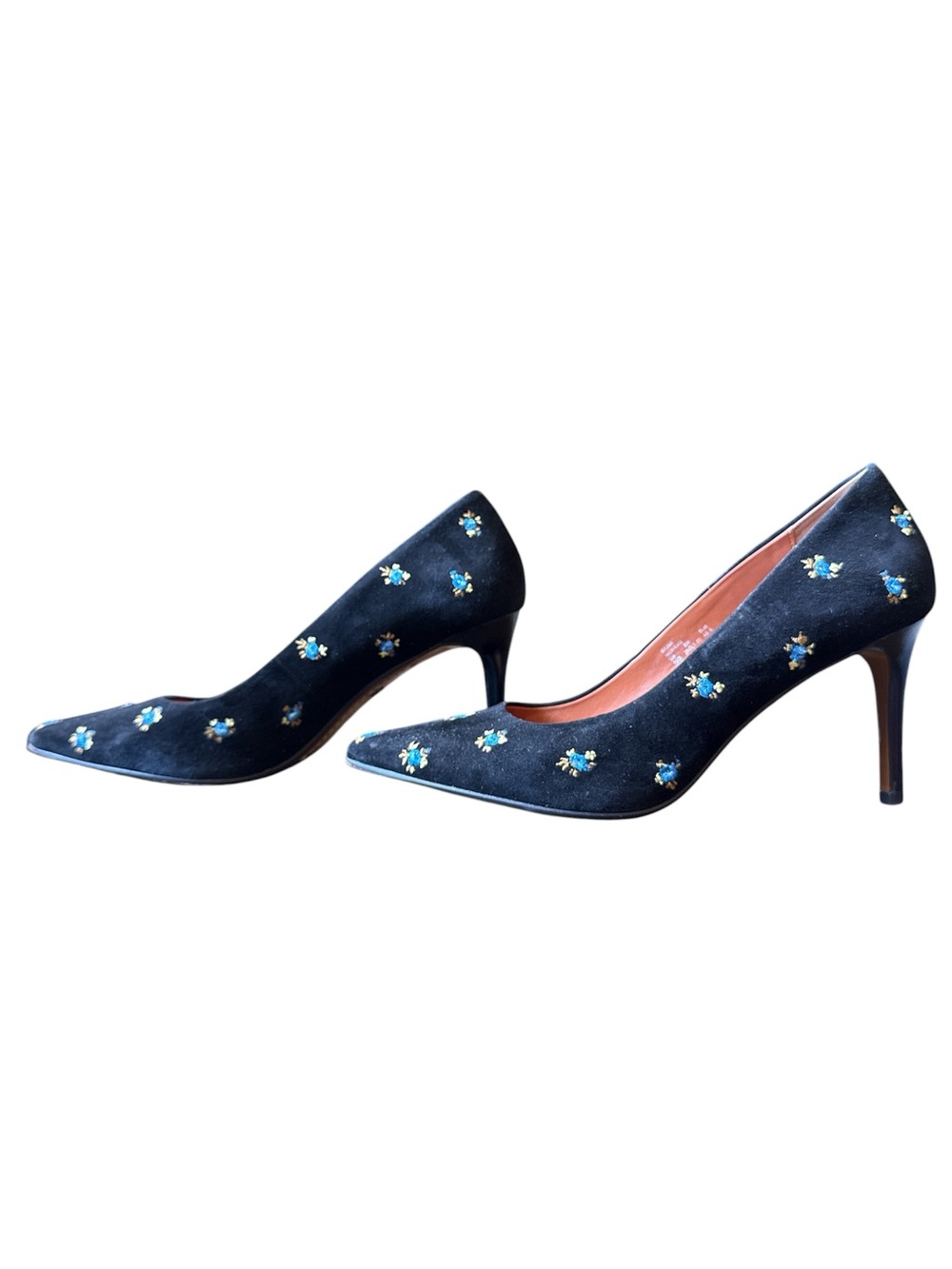 Coach Black Pointed-Toe Stiletto Pumps with Blue & Gold Floral Embroidery